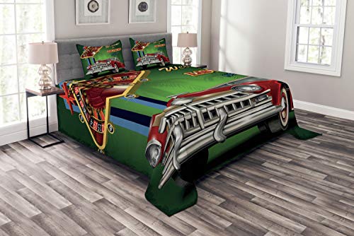 ABAKUHAUS Las Vegas Tagesdecke Set, Retro Car Roulette-Tisch, Set mit Kissenbezügen Waschbar, für Doppelbetten 264 x 220 cm, Mehrfarbig  